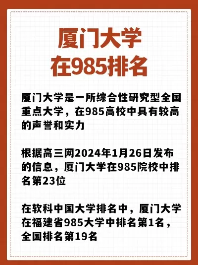厦门大学在985中排名第几？全方位解析其实力与特色